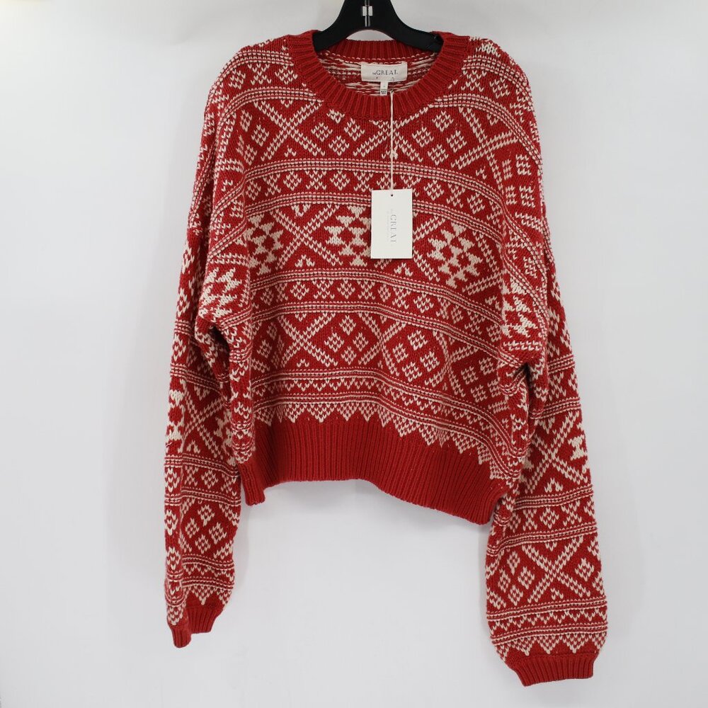 THE GREAT. Red and Cream Fair Isle Crewneck Sweater